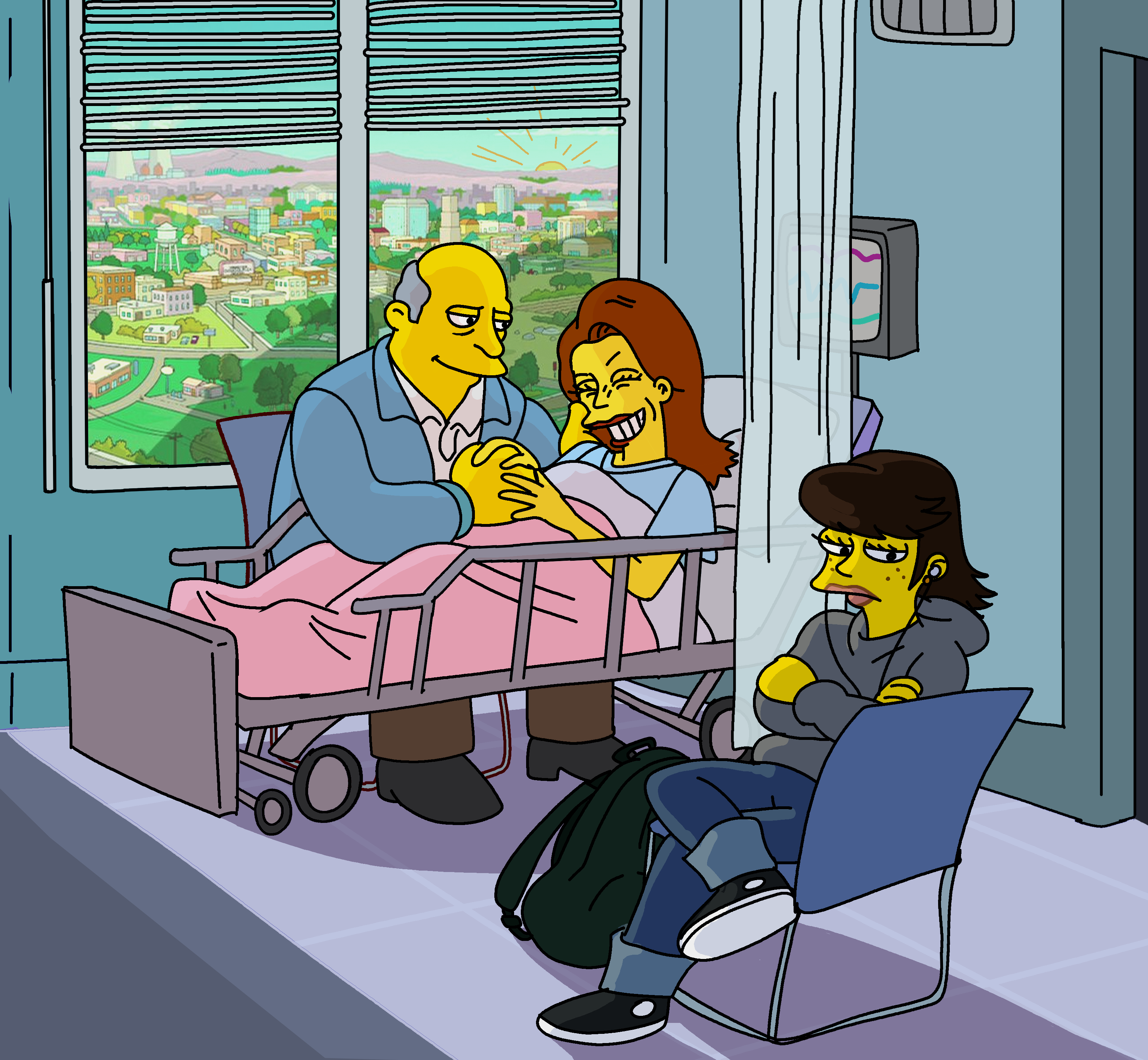 A painting by Avital Shtapura of Superintendent Chalmers and his wife Rosemary Chalmers and his daughter Shauna Chalmers in a hospital.